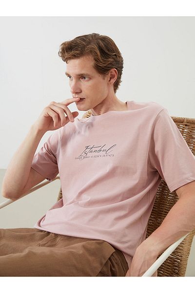 LC Waikiki Pink Crew Neck Istanbul Printed Combed Cotton Men's T-Shirt