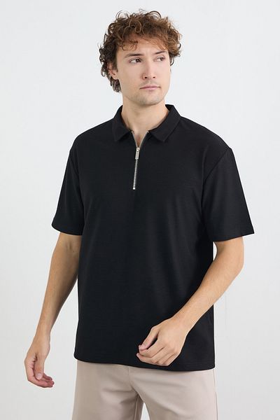 Fulla Moda Βασικό μπλουζάκι με μισό φερμουάρ Polo γιακά