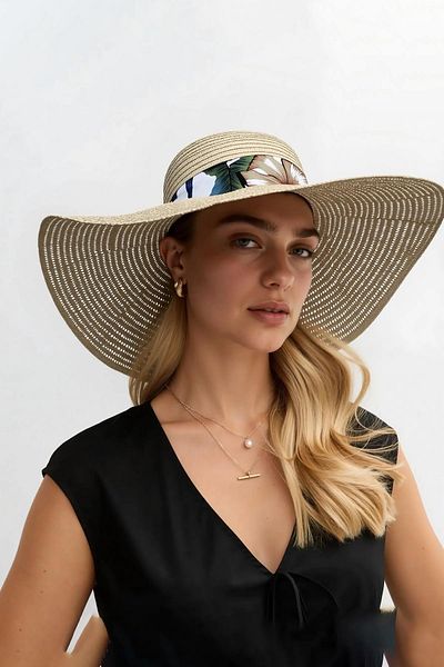 Külah Women Wide Brim Straw Hat with Flower Pattern Stripe Beach Vacation Travel Hat