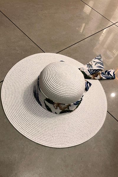 Külah Women Wide Brim Straw Hat with Flower Pattern Stripe Beach Vacation Travel Hat