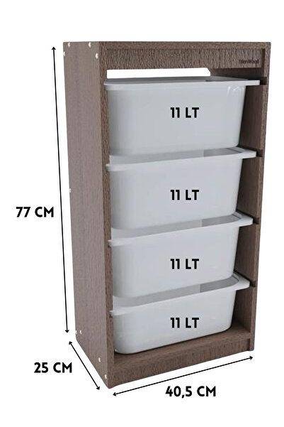 ELDİPA 4 Katlı Plastik Sepetli Düzenleyici Ahşap Raf - Çok Amaçlı Depolama Ünitesi (40,5x25x77 cm)