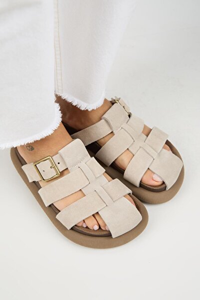 Manijero Brancato Women's Genuine Leather Buckle Banded Sabo Beige Slippers
