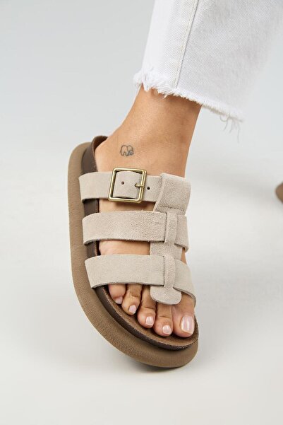 Manijero (Hicks) Women's Genuine Leather Buckle Strap Beige Slippers