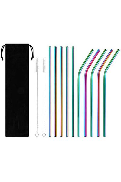 Inkbird Reusable Metal Straw 10 PCS Portable Stainless Steel Drinking Straws 2 Cleaning Brush and Tr