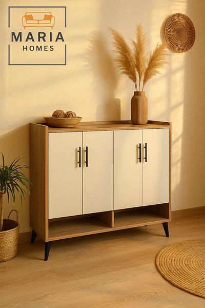 MARIA HOMES Modern 4-Door White Shoe Rack Cabinet with Open Storage – Stylish Wooden Shoe Organizer