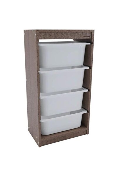 ELDİPA 4 Katlı Plastik Sepetli Düzenleyici Ahşap Raf - Çok Amaçlı Depolama Ünitesi (40,5x25x77 cm)