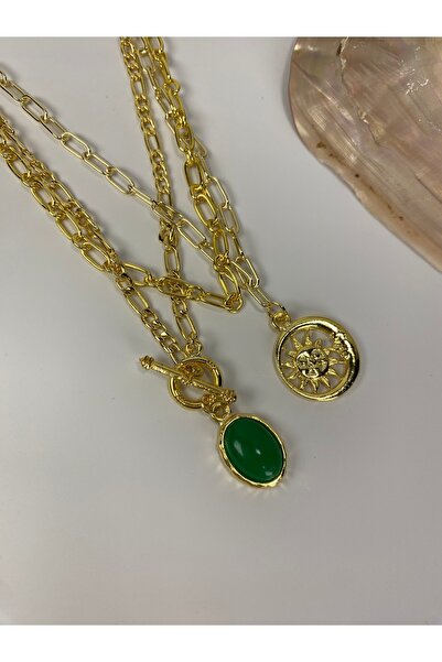 Tılsım Bijuteri Oval Yeşil Boncuklu 3'LÜ Ay Güneşli Tasarım Kolye