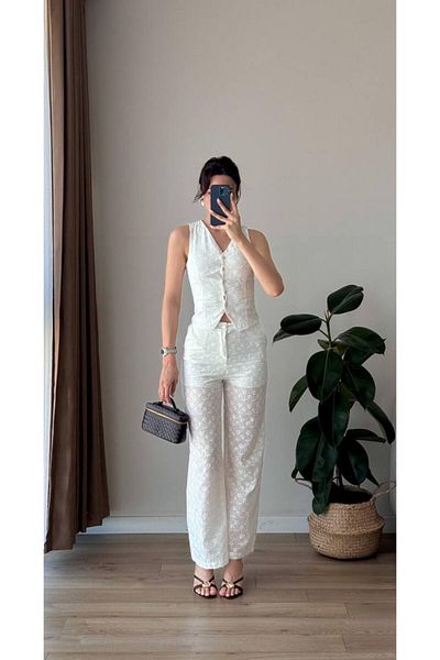 LOCH BUTİK Women's White Brodeled Pants Vest Suit