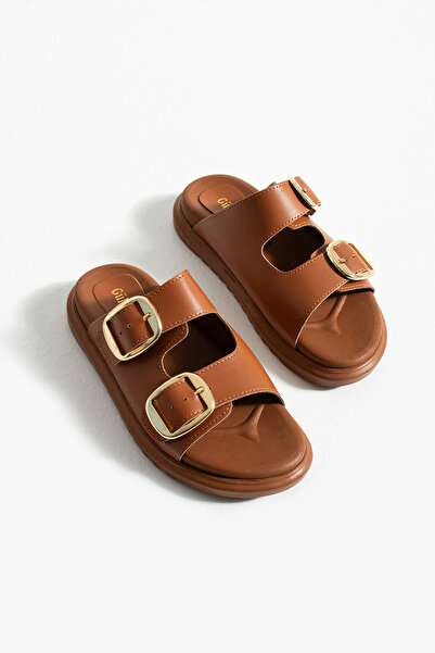 Güllü Shoes Γυναικείες ορθοπεδικές παντόφλες διπλής πόρπης Vegan δερμάτινες Tan Color |   Άνετη, κομψή και ρυθμιζόμενη βάση