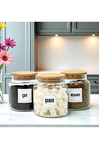 mafa home 3'lü Ahşap Vakum Kapaklı Cam Çay Şeker Hazır Kahve Saklama Kavanozu...