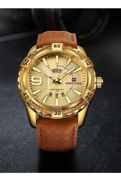 Naviforce Mens Gold Dial Brown Leather Strap Quartz Analog Watch 30M Water Resistant