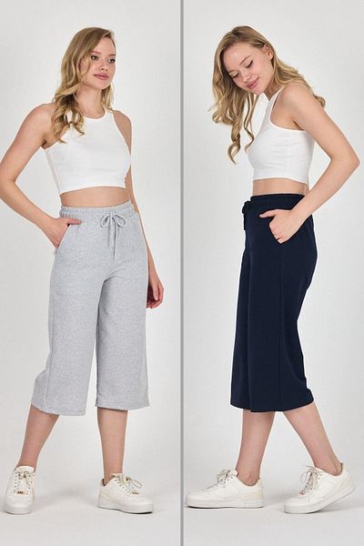mmetalic Pantaloni scurți Bermuda gri-birou Capri pentru femei, cu talie înaltă, cu buzunare, sezoniere, 2 piese