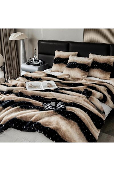 FIONNA.RO Faux Mink Fur Zippered Blanket and Pillowcase Set - Beige Striped