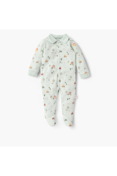 Juniors بدلة نوم بطبعة ساحة المزرعة الكاملة مع ياقة وأكمام طويلة وأقدام مغلقة