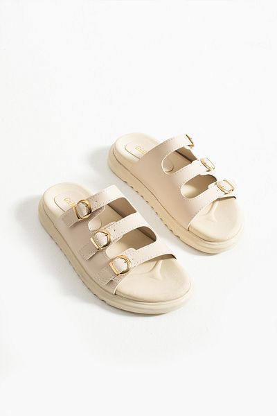 Güllü Shoes Beige Vegan Leather Three Buckle Gold Detailed Women's Slippers |   Stylish Summer Model with Orthopedic Soles