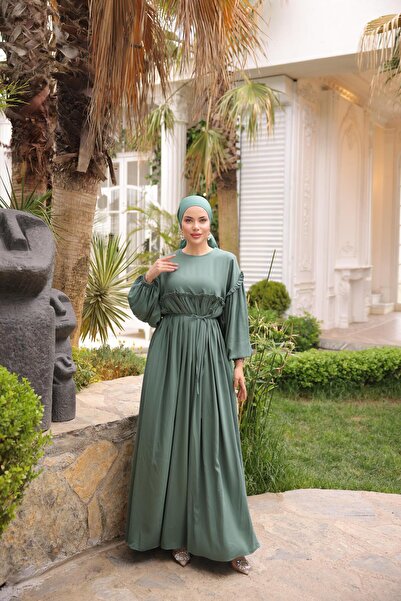 H HİJAB CENTER فستان كبير الحجم برباط نعناعي 5093