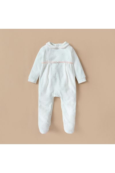 giggles Embellished Closed Feet Velour Sleepsuit with Bow Detail