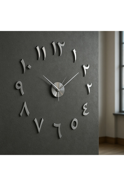 YALOVA SHOP Dekoratif 3d Arapça Rakamlı GÜMÜŞ Ayna Pleksi Duvar Saati