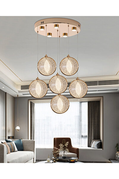 Apliqa Edward 6'Lı 70 Watt Yuvarlak Gold Ledli Modern Salon Avize