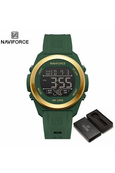 Naviforce Digital Sports Watch – Green & Gold Design, Water Resistant, Multi-Function Display, Silicone Strap