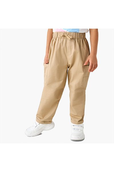 Juniors Solid Cargo Pants with Elasticated Drawstring