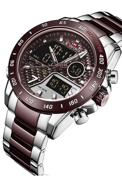 Naviforce Men's Stainless Steel Analog & Digital Wrist Watch - 45 mm - Silver And Coffee