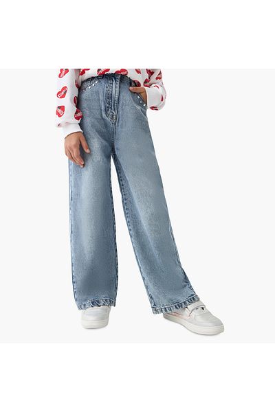 Juniors Stud Detail Wide Leg Jeans with Pockets