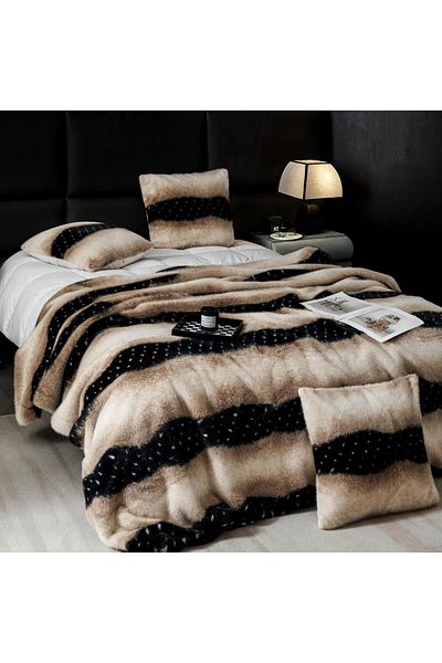 FIONNA.RO Faux Mink Fur Zippered Blanket and Pillowcase Set - Beige Striped