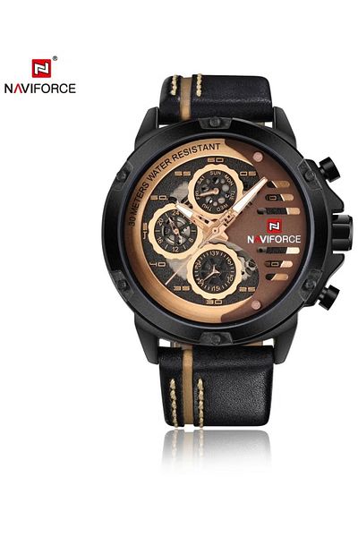 Naviforce Men's Analog Quartz Watch – Black Leather Strap, Multifunction Subdials, Water Resistant