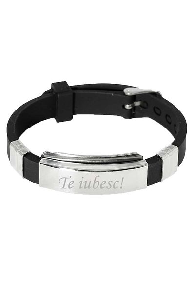 dalimag Adjustable Bracelet, 'Te iubesc!', Black Silicone, 22 cm