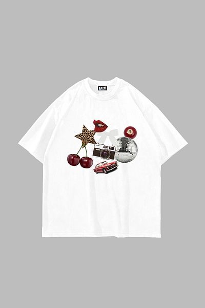 Sekizbiraltı Λευκό μπλουζάκι με στάμπα Cherry & Disco Vibes Oversize Unisex