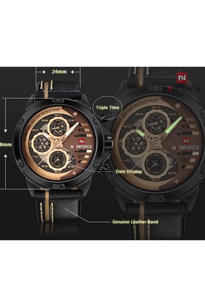 Naviforce Men's Analog Quartz Watch – Black Leather Strap, Multifunction Subdials, Water Resistant