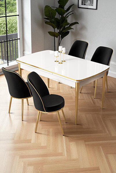 Canisa Nira Serisi 70x114 Mdf Açılabilir Beyaz Mutfak Masa Takımı 4 Siyah San...