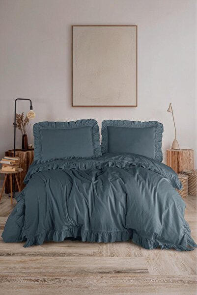 VİENNA 100% Cotton Natural Double Ruffle Duvet Cover Set - Soft and Breathabl...