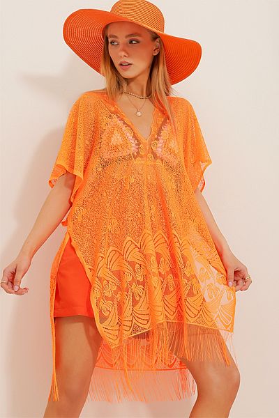 VAGGON Women's Orange Tasseled Beach Top Lace Kimono Vgn-X10522