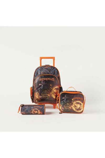 Juniors Motorcycle Print 3-Piece Trolley Backpack Set - 16 inches