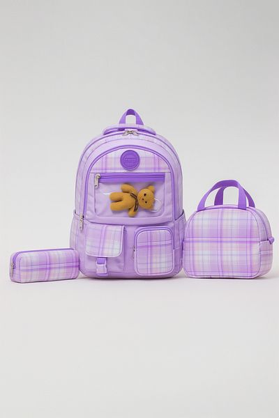 KAFF 01128 Lilac Korean Style Water Resistant Fabric 3-Piece Bag-Lunch-Pencil Case Girl's Primary School Bag