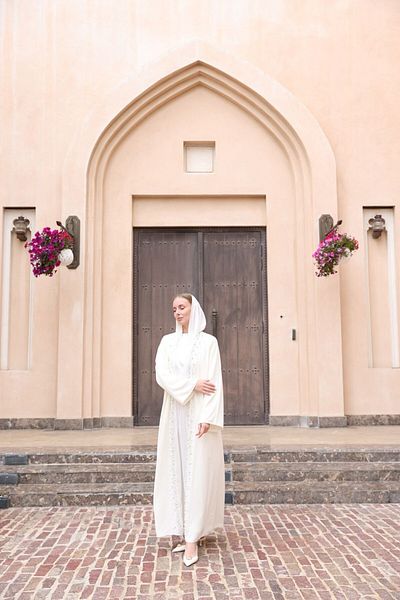 suphias White Abaya with Pearl Detail