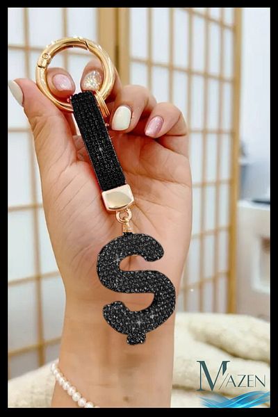 MAZEN Letter S Black Stone Keychain |   Vip Bag Charm |   Stylish Letter Detailed Accessory