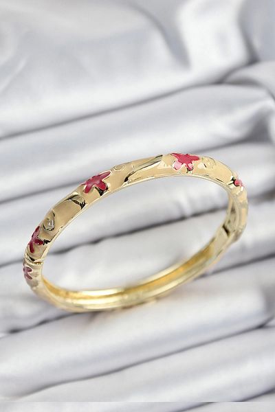 NETWORK ART Bfs Mineli Brass Pink and Cream Flower Motif Gold Color Women's Handcuffs