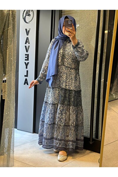 Vaveyla MAVİ DESENLİ ÖNÜ FERMUARLI PAMUKLU ELBİSE