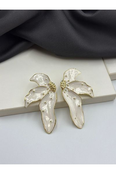 Duéra White Enamel Floral Design Women's Earrings with Gold Detail