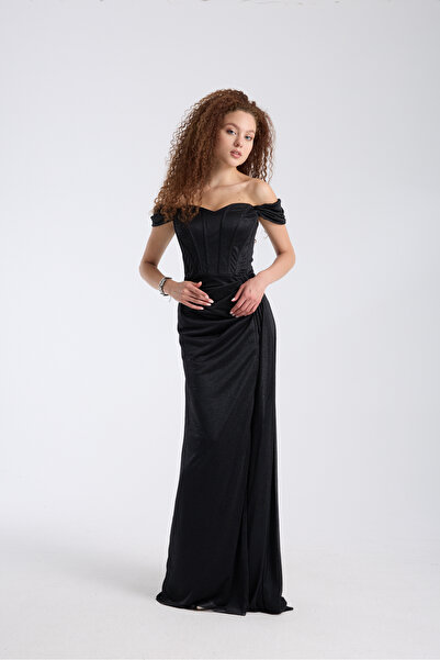 meksila kadın kayık yakalı uzun yırtmaçlı balenli simli kumaş düğün nikah davet abiye elbise