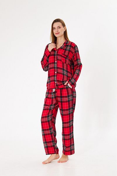 seamlife Women's 100% Cotton Woven Red Plaid Pattern Shirt Collar Buttoned Pajama Suit with Pockets