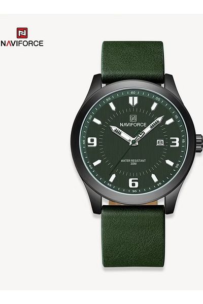 Naviforce Green Leather Strap Mens Watch Waterproof Date Display Analog Quartz Wristwatch for Men Luminous