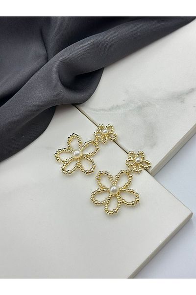 Duéra Gold Detailed Daisy Floral Design Steel Women's Earrings