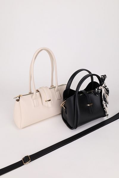 NOTHING Women's Cream Black Gold Accessory Detailed Scarf Gift 2-Piece Hand Shoulder and Crossbody Bag Set Rayaroma