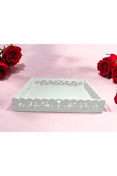 OEM Tavă Albă Din Lemn Cu Model Brodat, 32x22.5x6cm, Pentru Decorare Și Servire, Parte Pentru Bebeluși