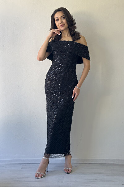 the ZKS Kadın Düşük Omuz Taş İşleme Detaylı Midi Boy Abiye Elbise Bej, Siyah