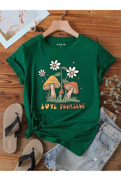 LUNAVISTA Women's Printed T-Shirt Mushroom Printed Slogan T-Shirt